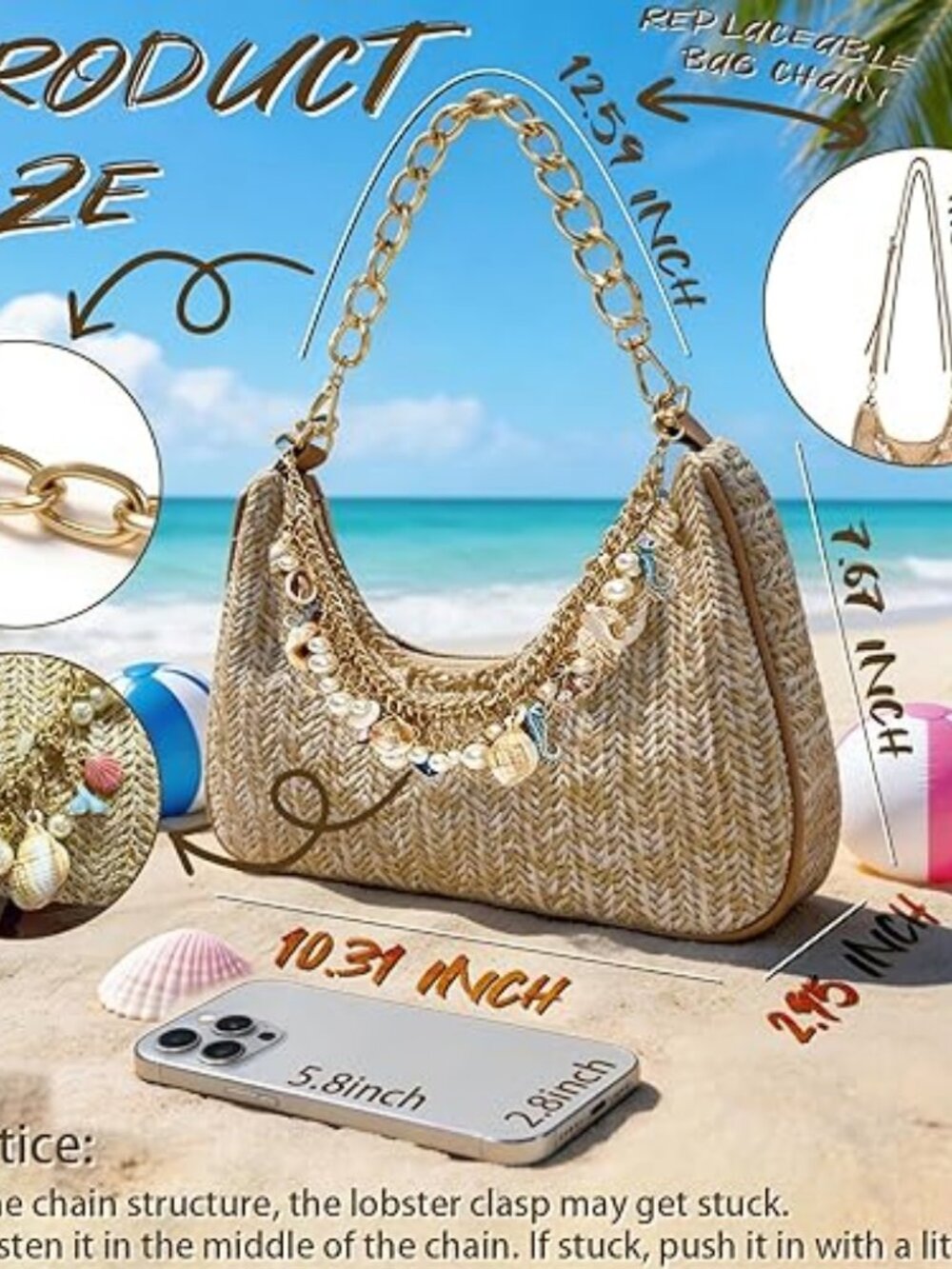 Beach Purse Straw Shoulder Bag for Women Summer Beaded Bag for Vacation Travel w - Picture 7 of 7